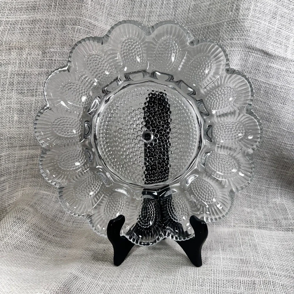 Vintage Clear Hobnail Glass Deviled Egg Platter Scalloped 15 Slot Server 11 Inch
